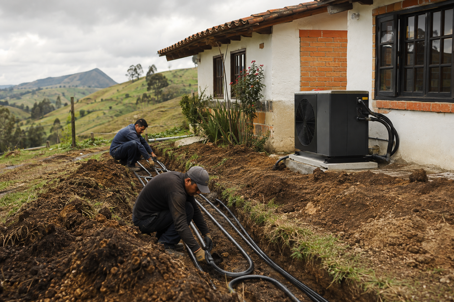 Escena de referencia de instalación de un circuito geotérmico somero en una vivienda rural andina